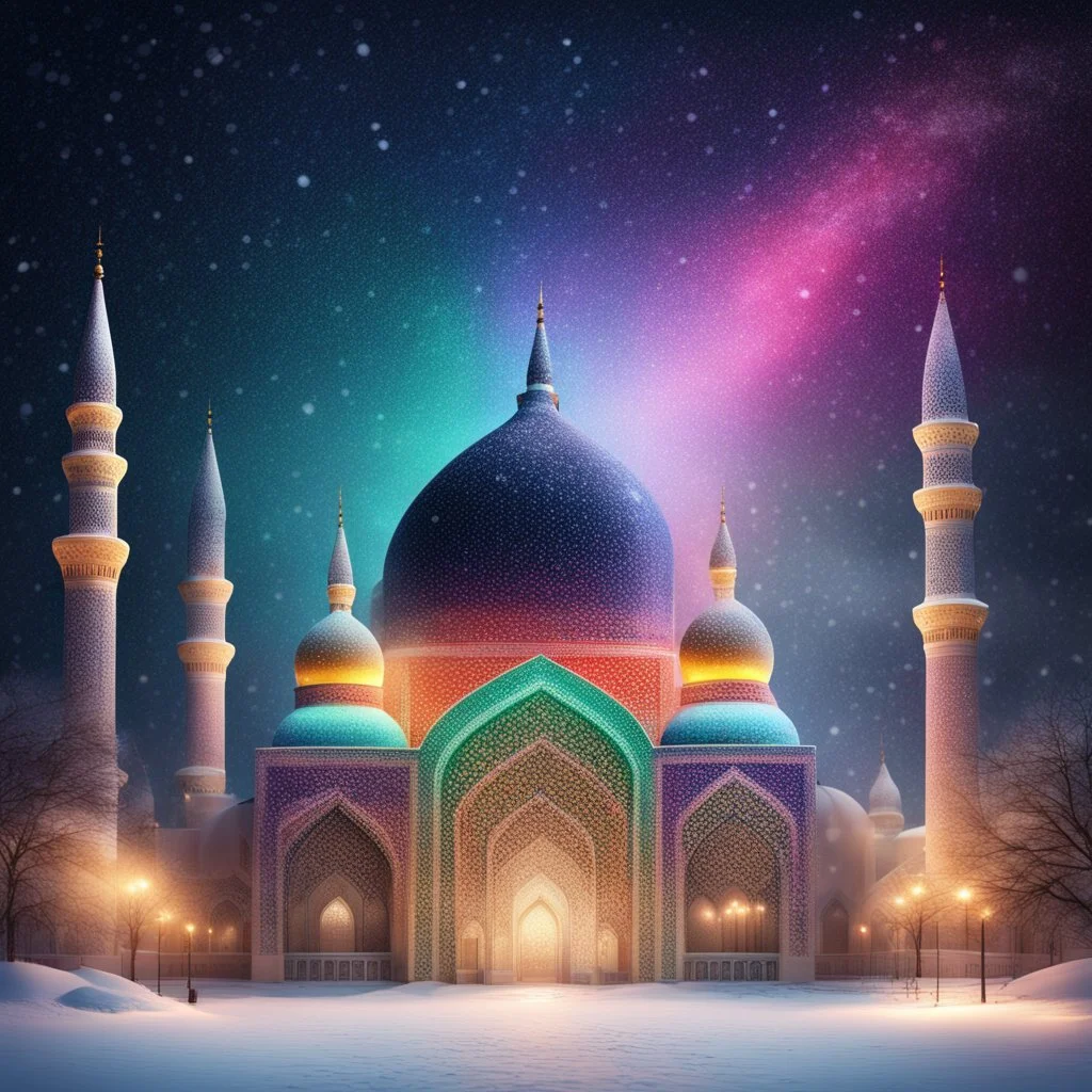 Hyper Realistic rainbow textured Mosque at beautiful snowfall night with decorative lights