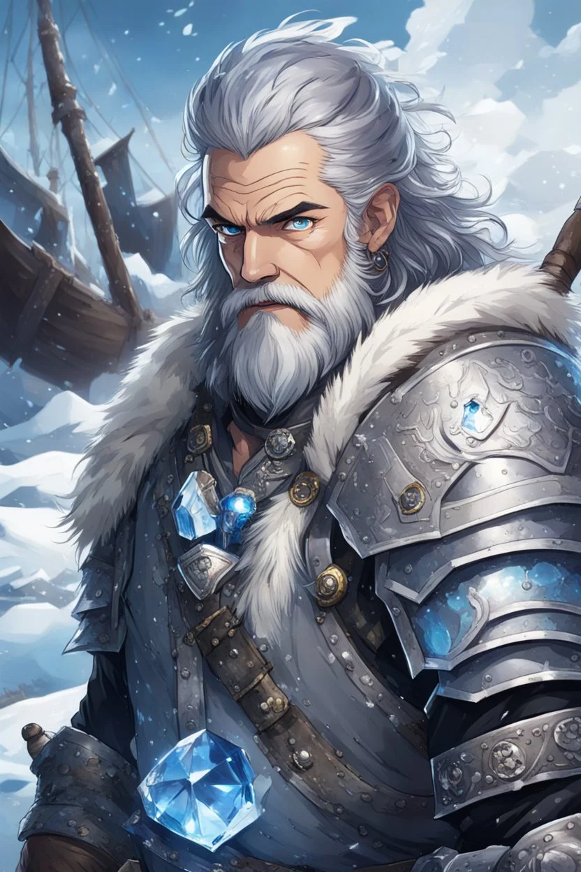 in anime style,1older man, a older man with blue eyes and black hair man in silver Viking armor with fur around the neck with blue crystal on his chest holding an axe in his hands standing on a pirate ship in the artic, warrior in anime style,