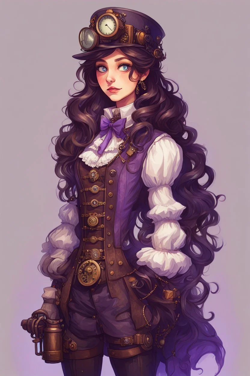 Nutcracker, A girl with long, wavy dark brown hair, purple eyes, dressed in steampunk clothes, stardew, valley style
