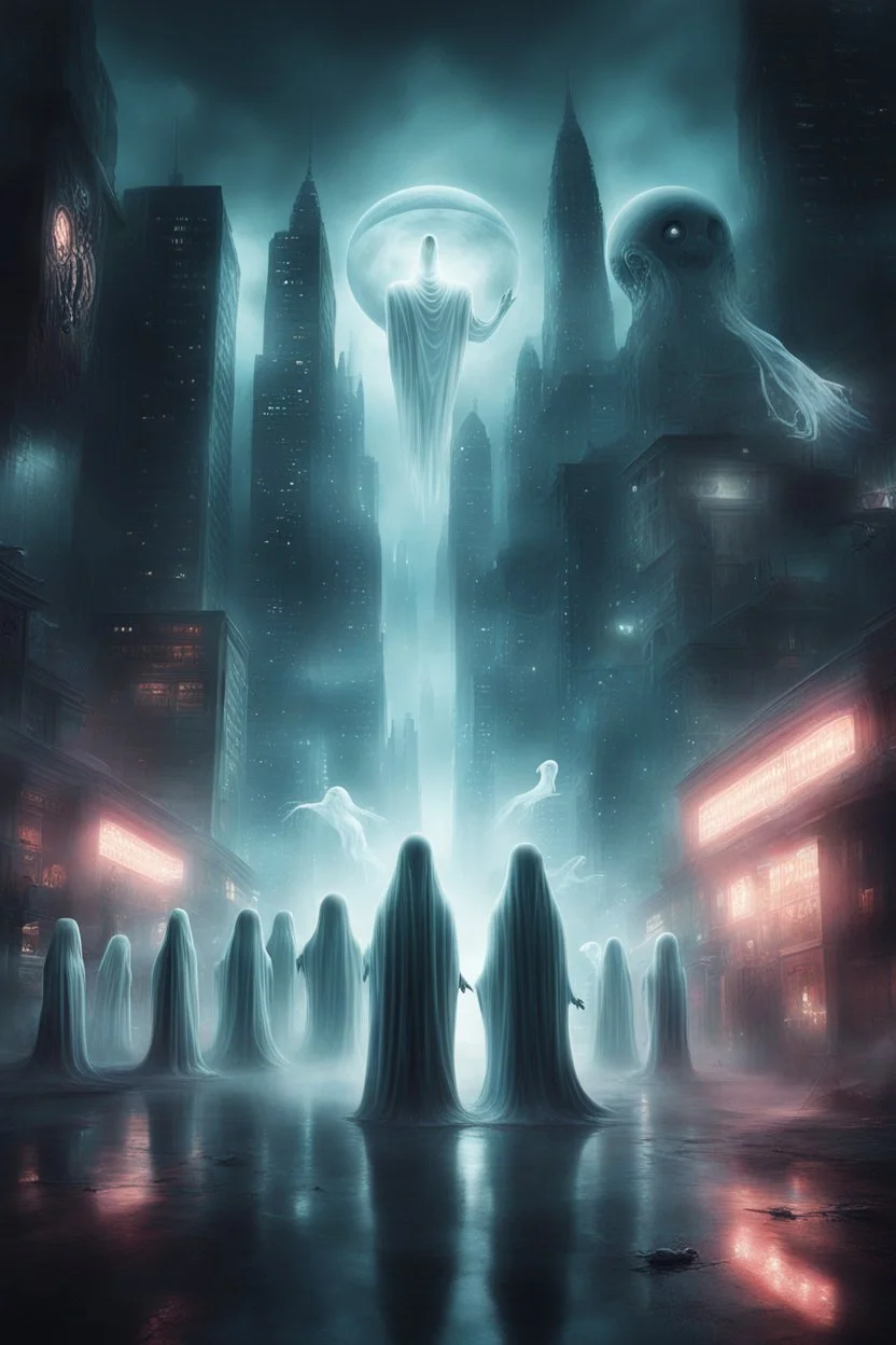 A captivating depiction in digital form, showcasing a plethora of extraordinary ghost creatures thriving within a surreal and lively ghosts realm. This imaginative artwork embodies the essence of science fiction, presenting a medium shot composition with fantastical beings that are unique, belonging to a world beyond our own. A modern city of ghosts out of this world enhanced by dark atmospheric lighting, and breathtaking landscapes. Busch painting style nightmare. Thin line draw style
