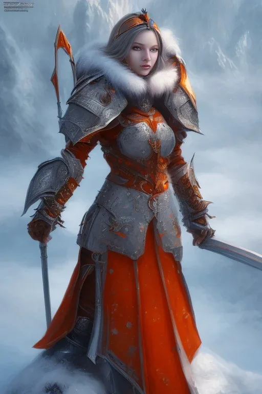 Medieval warrior girl, wearing futuristic armor, glowing orange armor parts, snow mountain background, snow, fur cloak