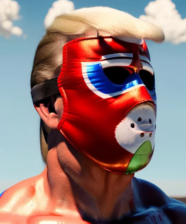 Realistic image of Donald trump wrestler, Mexican wrestling style, Mexican wrestling mask, chin AMG mooth visible, red and blue breeches, glow us flag dress, suspenders, retro style, 80s, vibrant color, highly detailed, sky background, concept art, unreal engine 5, god rays, ray tracing, RTX, lumen lighting, ultra detail, volumetric lighting, 3d, finely drawn, high definition, high resolution.