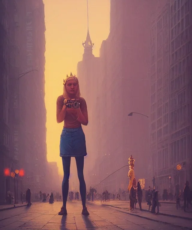 Statue of Queen of photography. Cute blonde woman. Photographer in golden crown. Standing on the street. Big camera in her hand. hyperdetailed, photorealistic, trending on artstation, greg rutkowski, beksinski, kodachrome, lomography, golden hour, bokeh, volumetric light