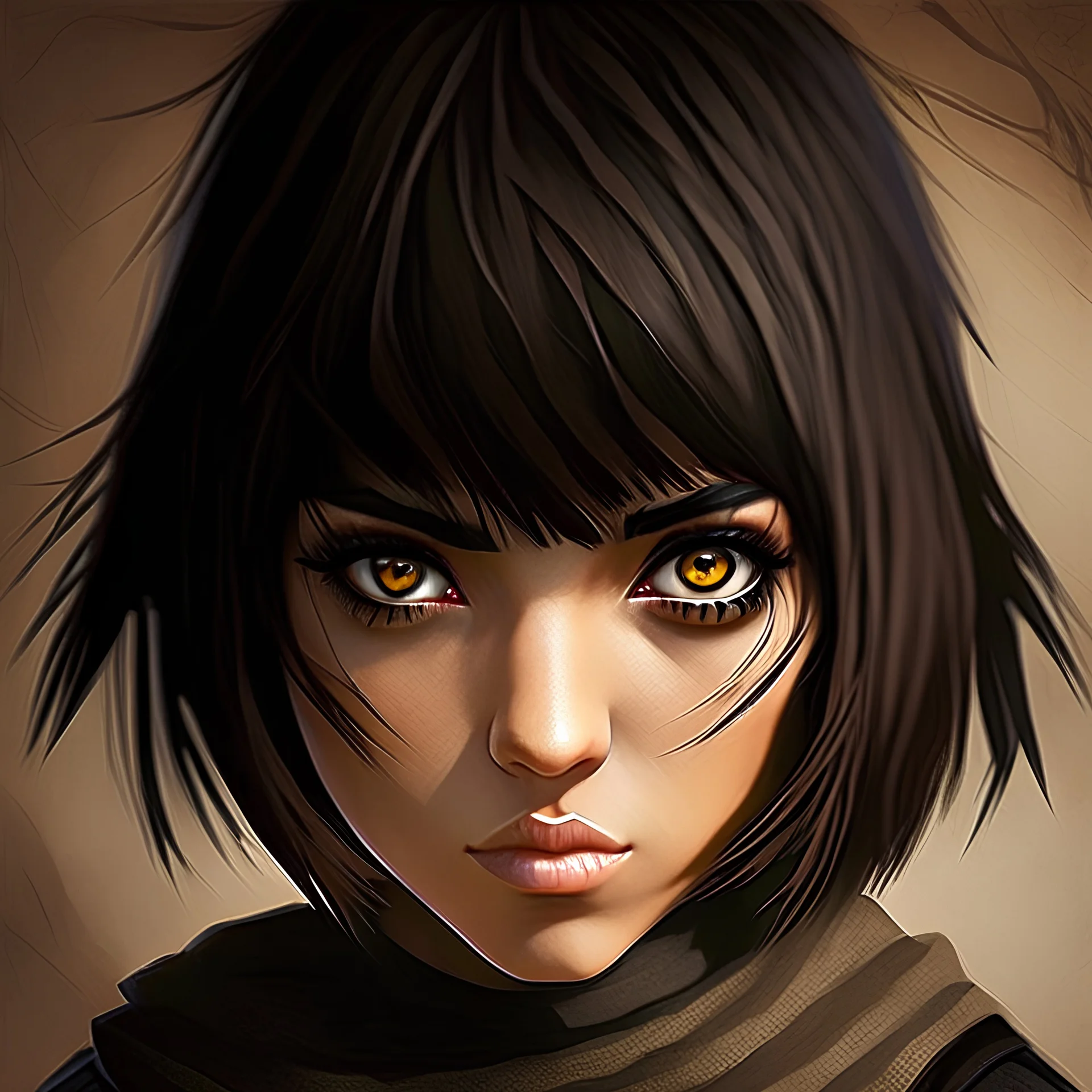 ninja girl with brown bob, bangs, brown eyes and eyeliner