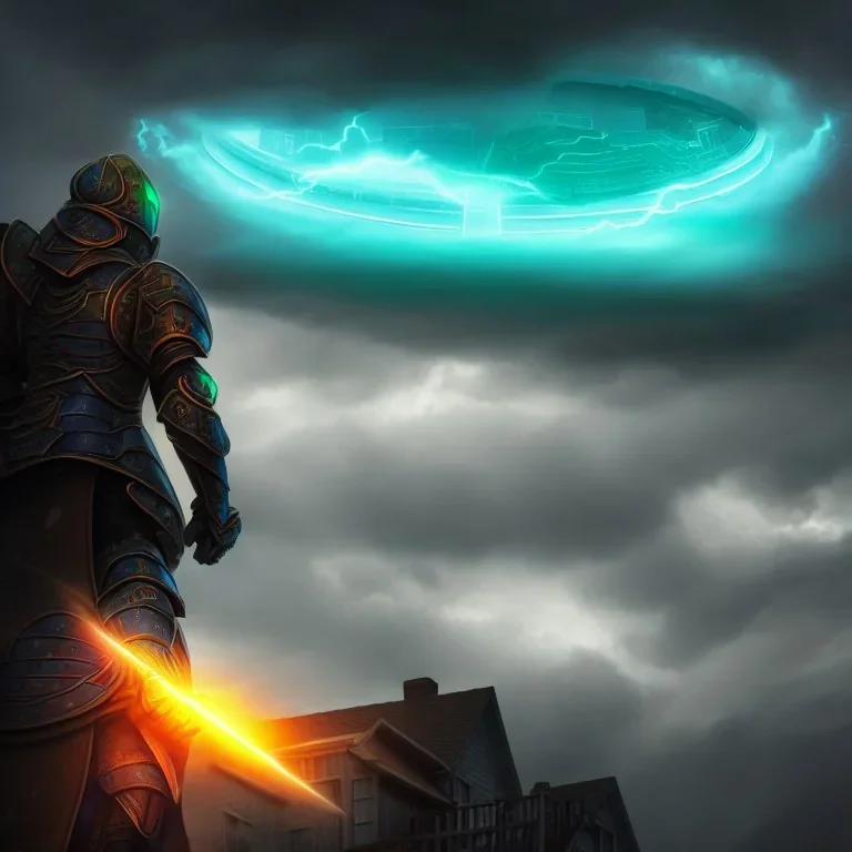 Close up, Rooftop view, Enourmous Paladin casting a hologram shield spell, covering a Home, encroaching storm, ominous color palette, 8k resolution, high-quality, fine-detail, detailed matte, volumetric lighting, illustration, greg rutowski, crystal Sully,