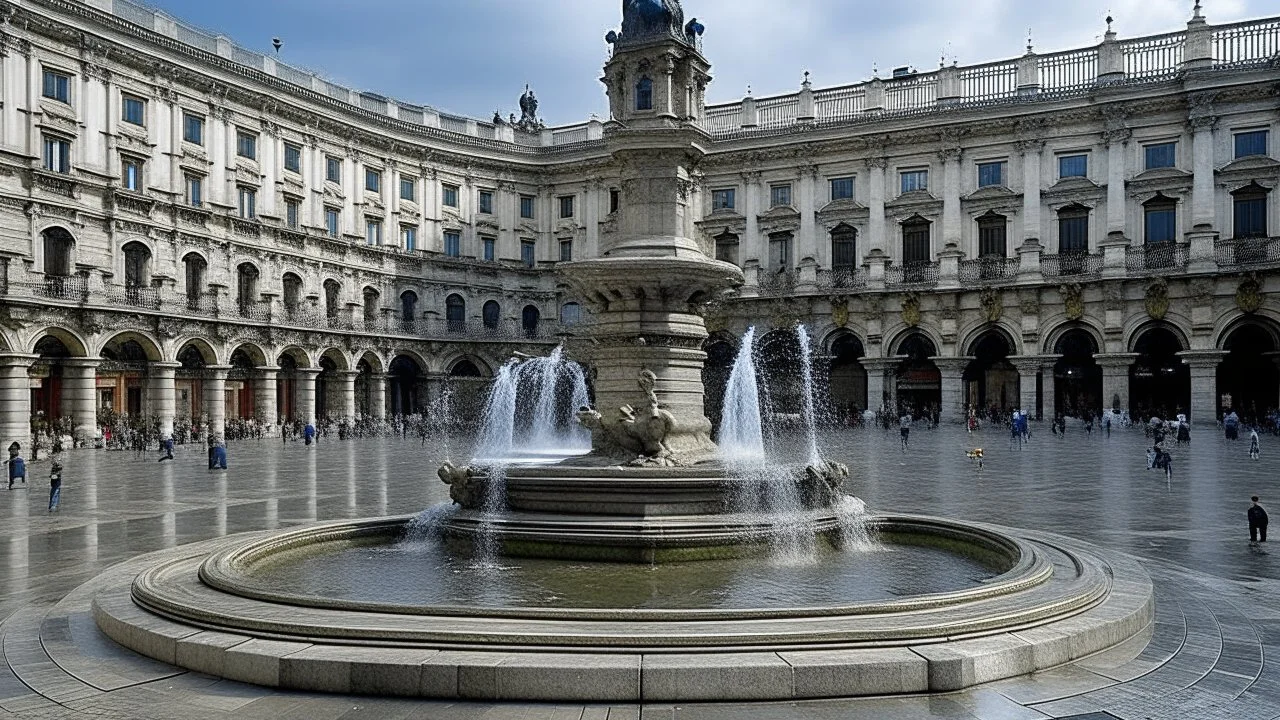 La plaza central, pavimentada con grandes losas de granito, estaba presidida por una fuente de piedra tallada con figuras mitológicas que derramaban agua de manera casi imperceptible, fusionándose con la lluvia. Alrededor, las fachadas de los edificios neoclásicos mostraban columnas y capiteles desgastados, mientras los tejados inclinados de pizarra dirigían las gotas hacia gárgolas de piedra que escupían agua en los desagües.