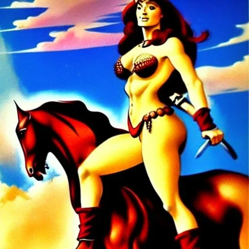 portrait of a beautiful busty Red sonja riding a horse by Frank Frazetta style