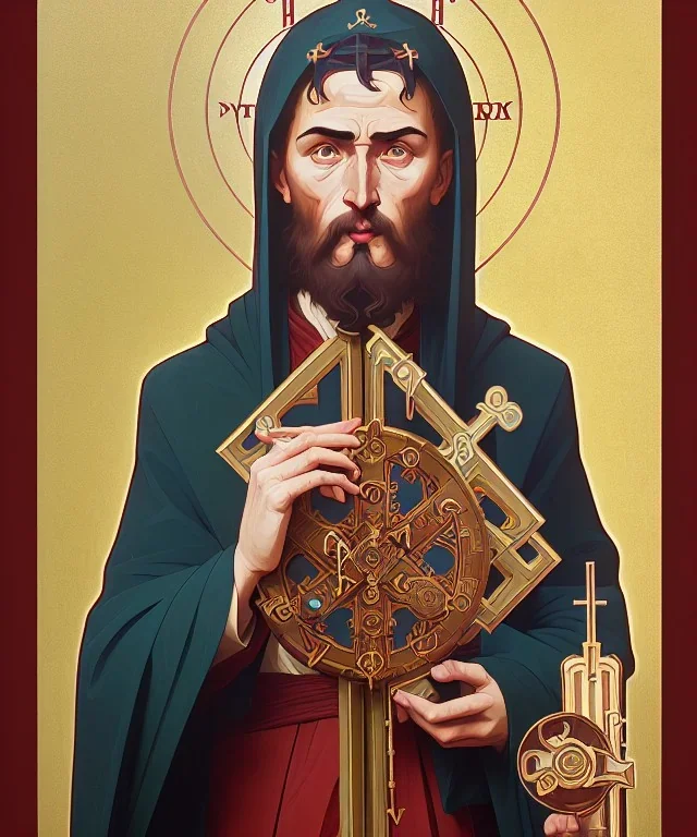 orthodox old icon with saint, patron of photographers. he is holding a camera in one hand and 35mm film in the other. Cyrillic inscriptions are the names of photographic brands. hyperdetailed, Alphonse Mucha, Zdzisław Beksiński, poster, illustration, ink, oil on canvas, 18th century atlas