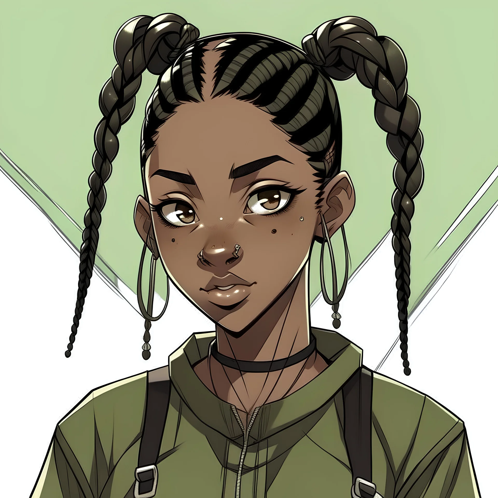 Teenage black girl, anime style, black boxer braids, dark chocolate brown eyes, sage green shirt