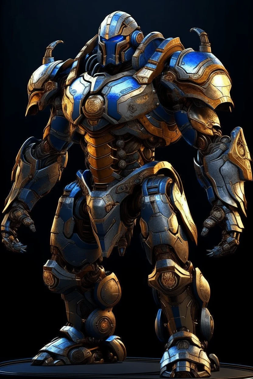 Ironclad stands at an imposing 8 feet tall and is heavily armored with a combination of sleek metallic plating and blue energy accents. Its body is adorned with a polished, reflective surface, giving it a distinct and imposing presence on the battlefield. His waist is snatched. His design is HEAVILY inspired by Nullsector from Overwatch