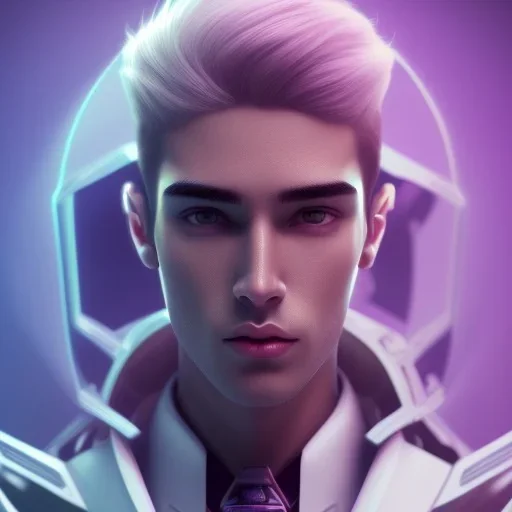 man, cute face, white highlight hair, brown eye, white, skin, purple suits, futuristic, science, purple, blue, dark pink background lighting, technology, profile, asian boy, square face, light orange