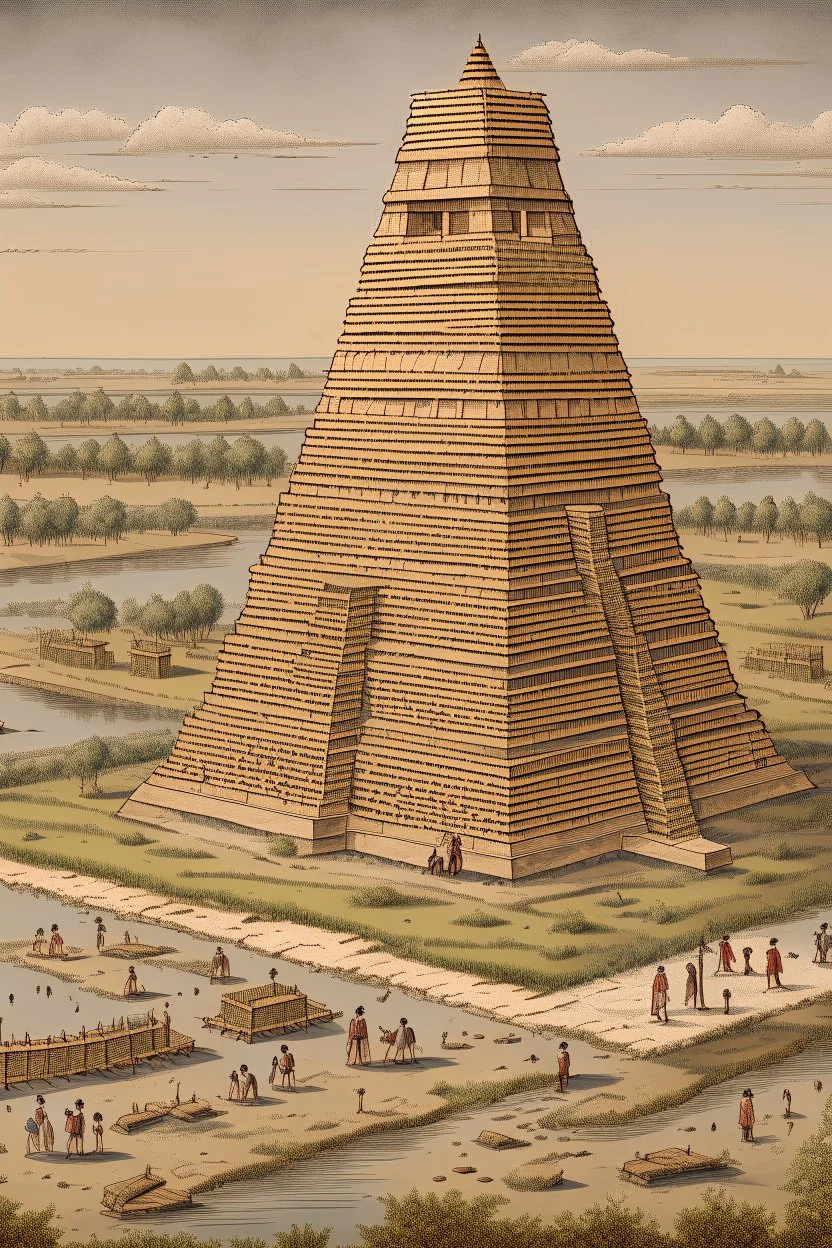 A Sumerian civilisation a high Zagurrat tower by the river bank