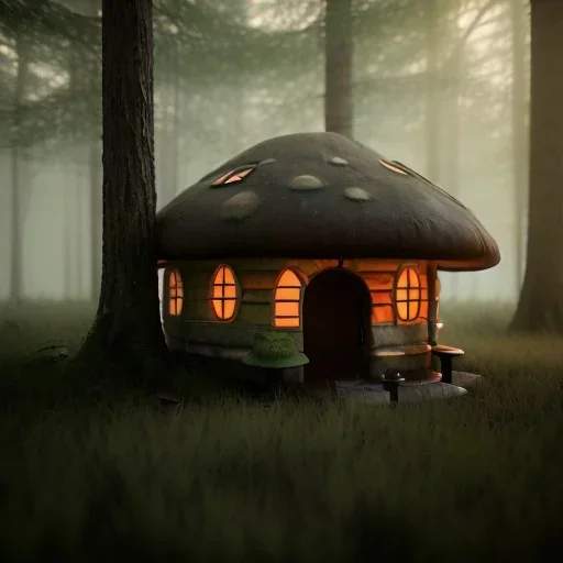 Misty woods, mushroom house, dark morning light