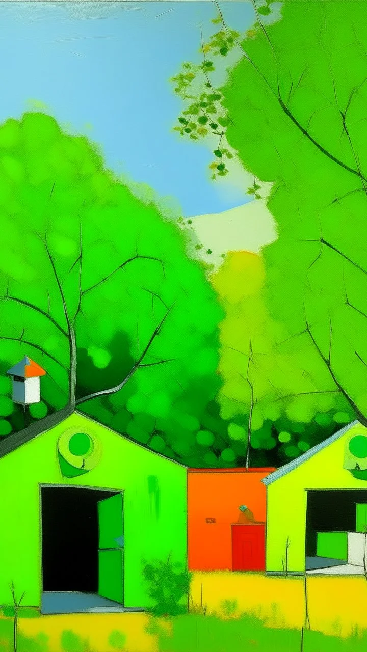 Lime green treetops with birdhouses painted by Mark Rothko