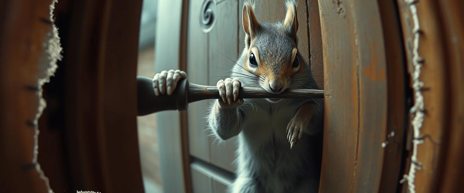 weird ass squirrel burglar breaking open a door with a crow bar , pinhole cam, airbrush 3d rendering, in the style of John Atkinson Grimshaw , torn edges on border