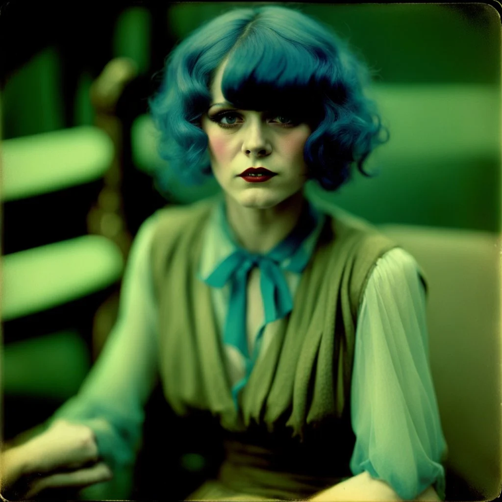 Clara bow, with blue hair, tears, autochrome
