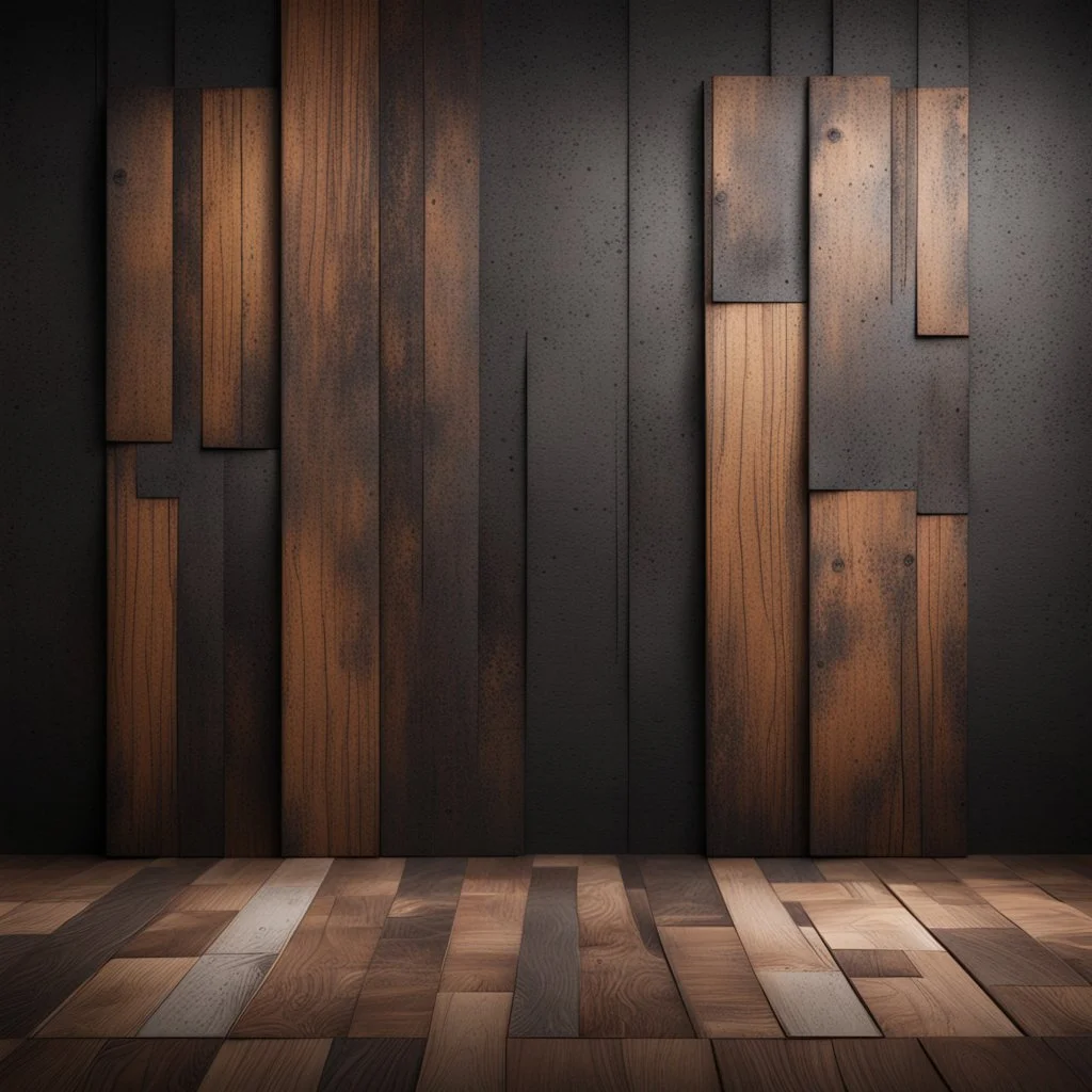 Hyper Realistic rustic steel & wood with textured vintage wall & dark background