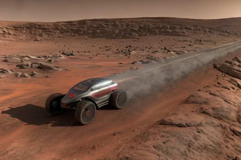 A Tesla 'Semi' (semi truck) is going at a high speed, at the Cydonia region on Mars. (CINEMATIC, WIDE ANGLE LENS, PHOTO REAL)