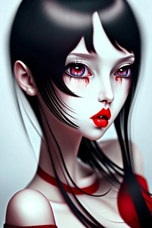 girl, cute, beautiful, white eyes, red lips, black hair with bangs, goth, close up portrait