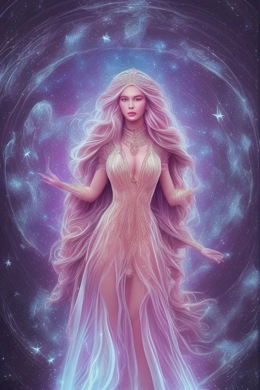 Create an image of a full body cosmic Goddess. The goddess should be depicted as a beautiful and powerful figure, surrounded by cosmic stars. Her hair should be long, blond and flowing, and she should be dressed in a flowing gown blue celestial robe. In the background, include imagery of pink flowers, blue sky,trees. The image should evoke a sense of joy, celebration, and spiritual connection to nature.