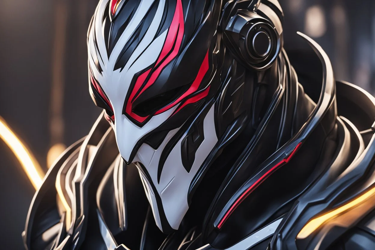 Jhin venom in 8k live action artstyle, white jhin mask, normal eyes, wapen, close picture, neon lights, intricate details, highly detailed, high details, detailed portrait, masterpiece,ultra detailed, ultra quality