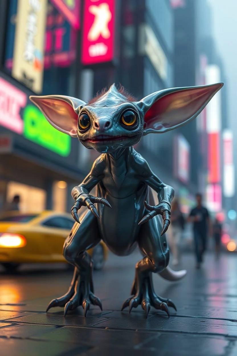 transparent gremlin sleek alien dinosaur weasel with cute fur, in big cyberpunk city crossover, volume light and motion blur
