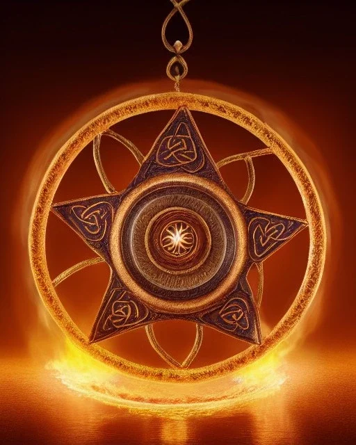 a fiery wheel with 100 eyes floating above the ground, a laser beam pentagram floating above the ground, celtic knot bronze floating, golden ratio, spring time, mushrooms, 8k, flickering light, centered, high-quality, fine-detail, digital art, detailed matte, volumetric lighting, illustration, 3D octane render,psychedelic color