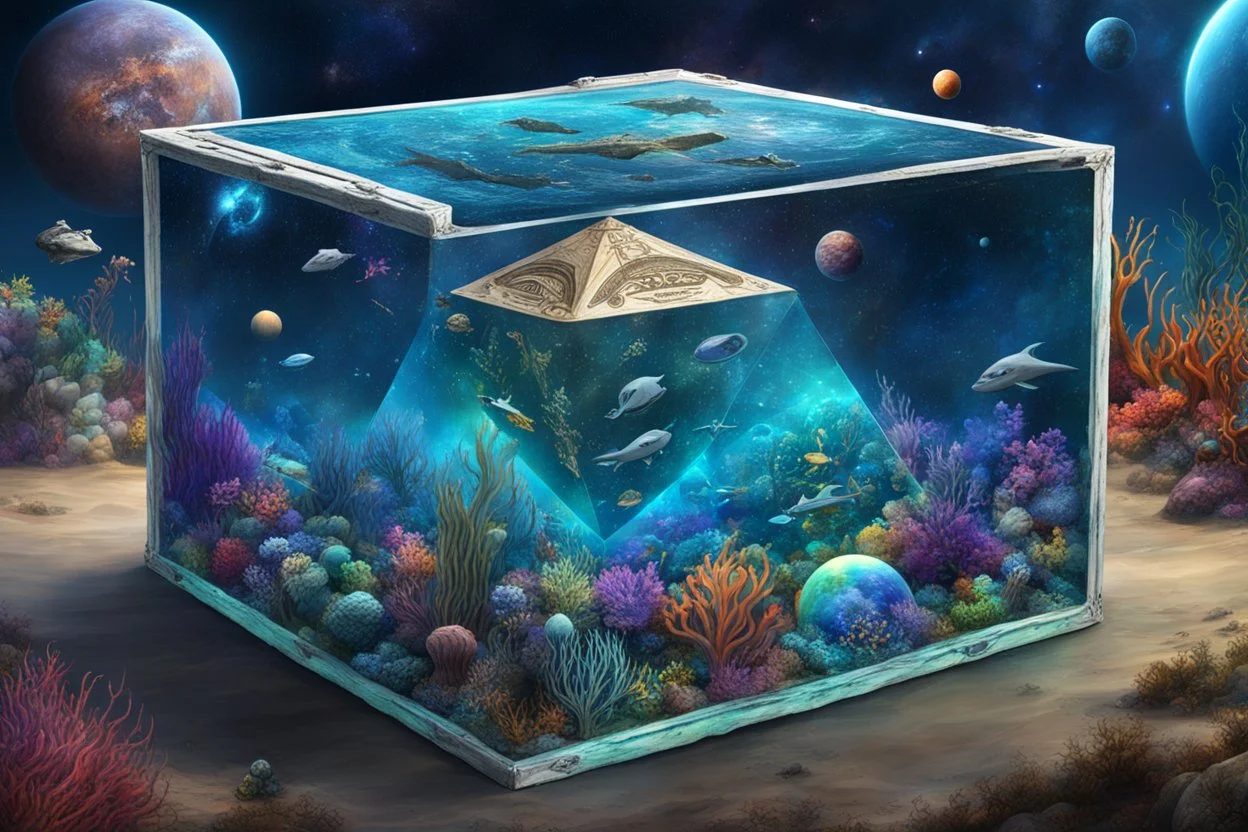 hyperrealistic, 4k, box for storing things with beautiful drawings a lot of colours, very detailed, subnautica, pyramid in the middle, sea plants, seal leviathan, few planets, space, galaxies,