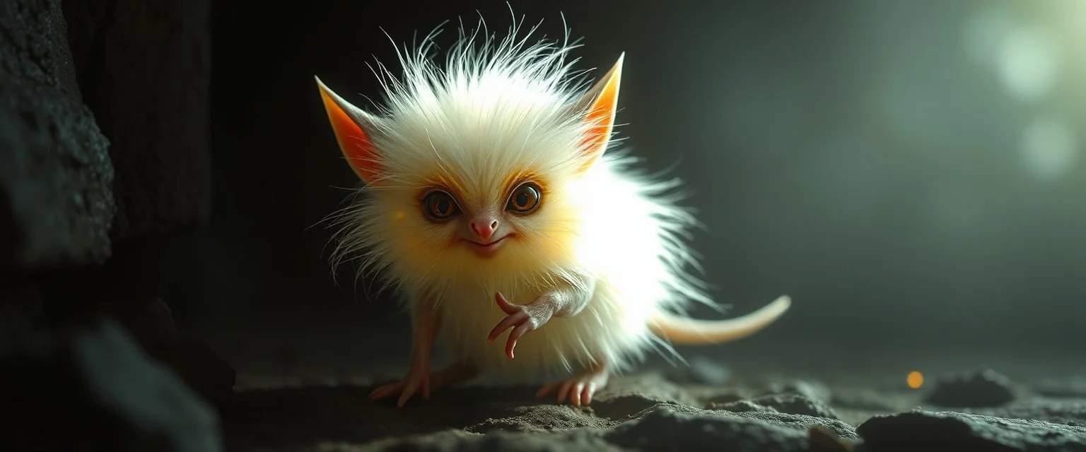 glowing quickling gremlin in the shadows with long fluffy white fur