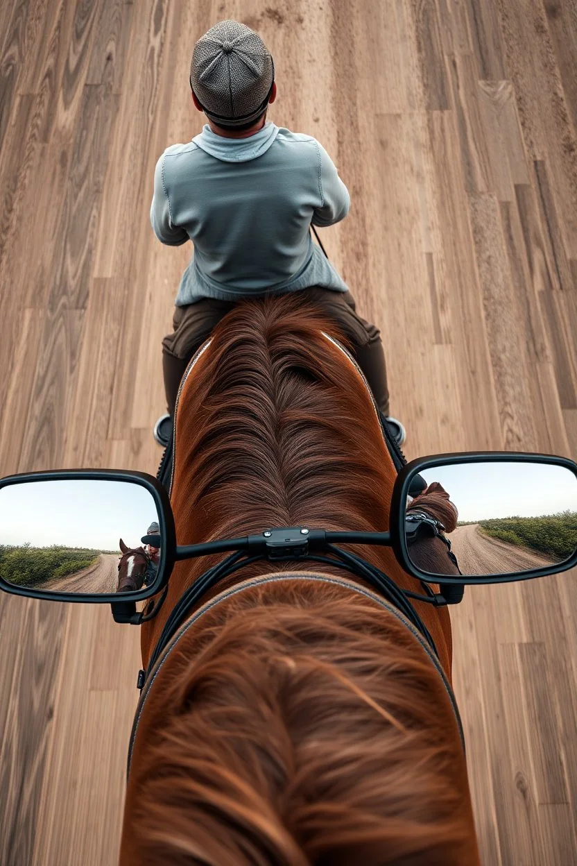 A man on horseback, top view, two car side mirrors are fixed on the horse sides in front. Camera view from the top to the horse rider and the hours including the two sides of the mirrors