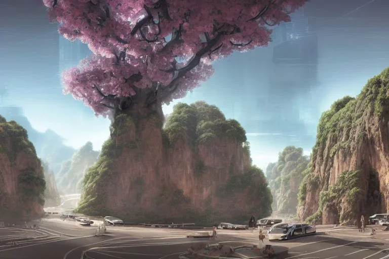 futuristic cyberpunk city, advance civilization, luxurious streets, with lush italian sakura garden located on waimea canyon in kauai, rocks formed by water erosion, beautiful smooth sandstone in unique shapes with light beams that shine through its walls, polish narrow slots of walls into a striated swirling finish, digital painting, concept art, smooth, sharp focus, from star trek 2021, illustration, by wlop and ruan jia and mandy jurgens and william-adolphe bouguereau, artgerm