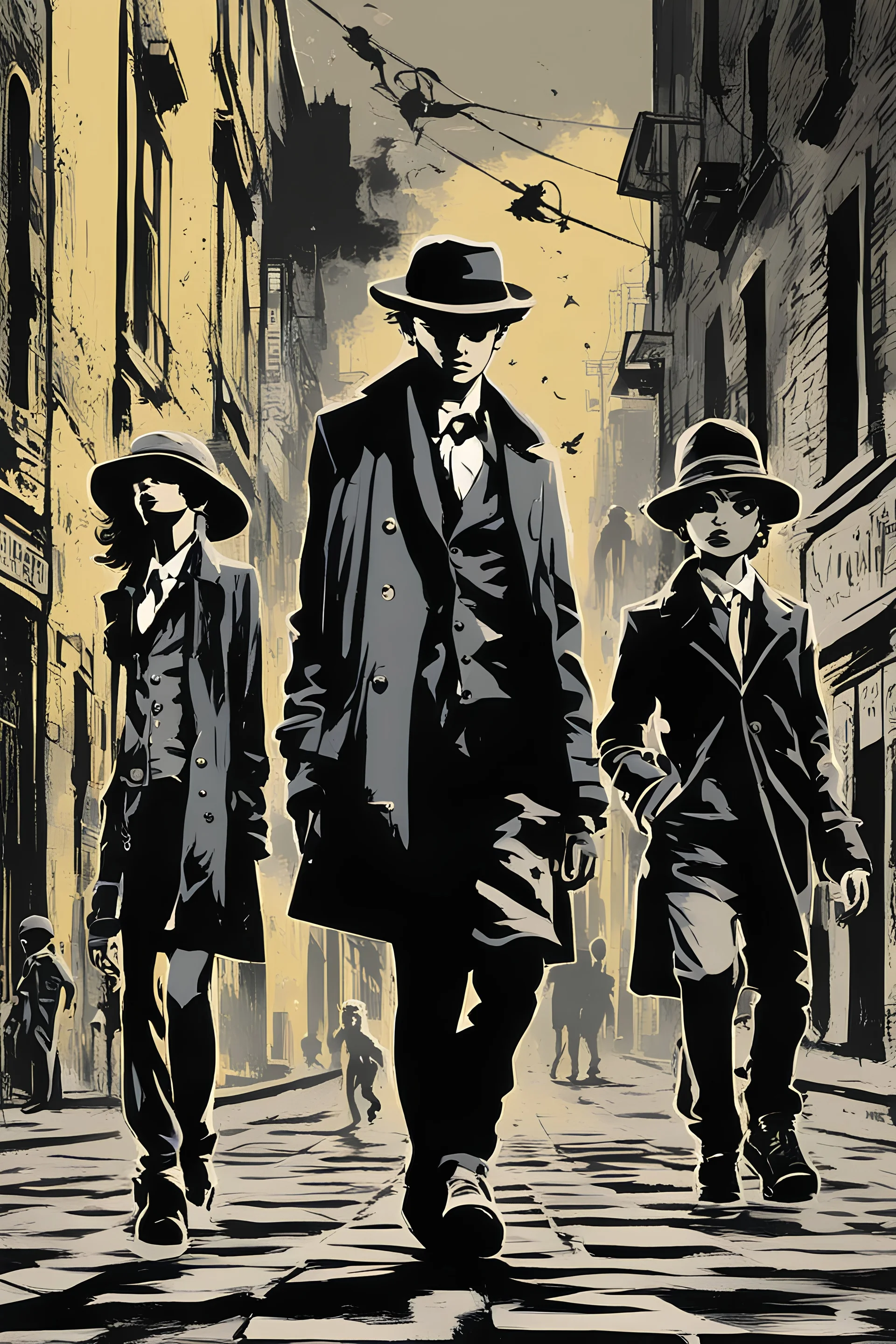 Design a detective book cover for teenagers. A teenage girl in the centre, one boy on her left, and one on her right are on the town street. Black cat. Banksy style, pop art style, dark mood