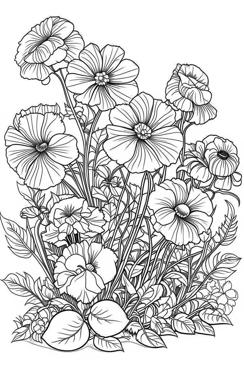 Outline art for coloring page, GARDEN OF PANSY FLOWERS, coloring page, white background, Sketch style, only use outline, clean line art, white background, no shadows, no shading, no color, clear