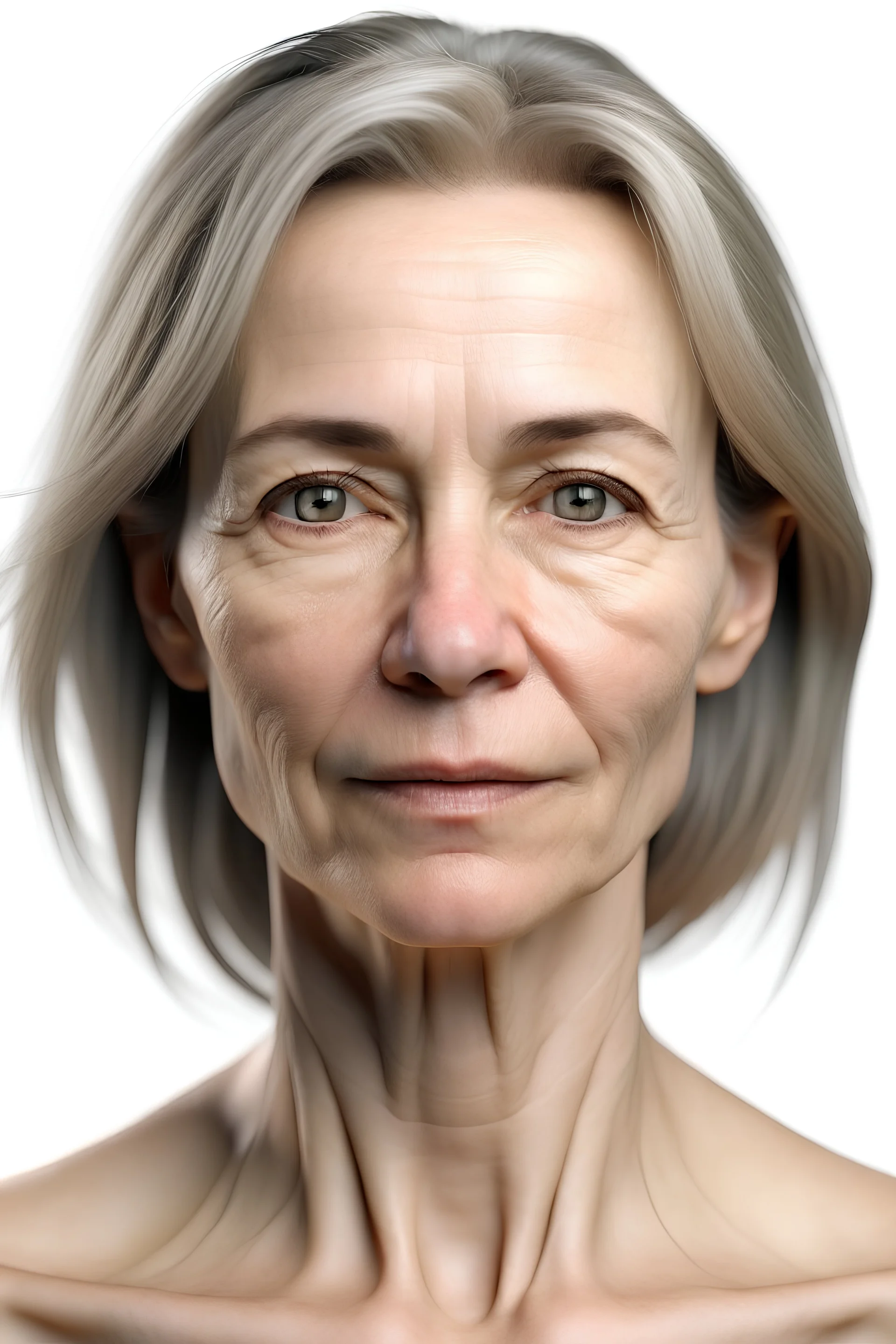 realistic, (49yr old female)without makeup, Caucasian beautiful face, 3/4 head position, dark hair, studio lighting, cinematic light, beautiful woman, milk beige middle hair, perfect anatomy, on white background, 8k Resolution, highly detailed, non-symmetrical body a, detailed hairstyles and skin texture