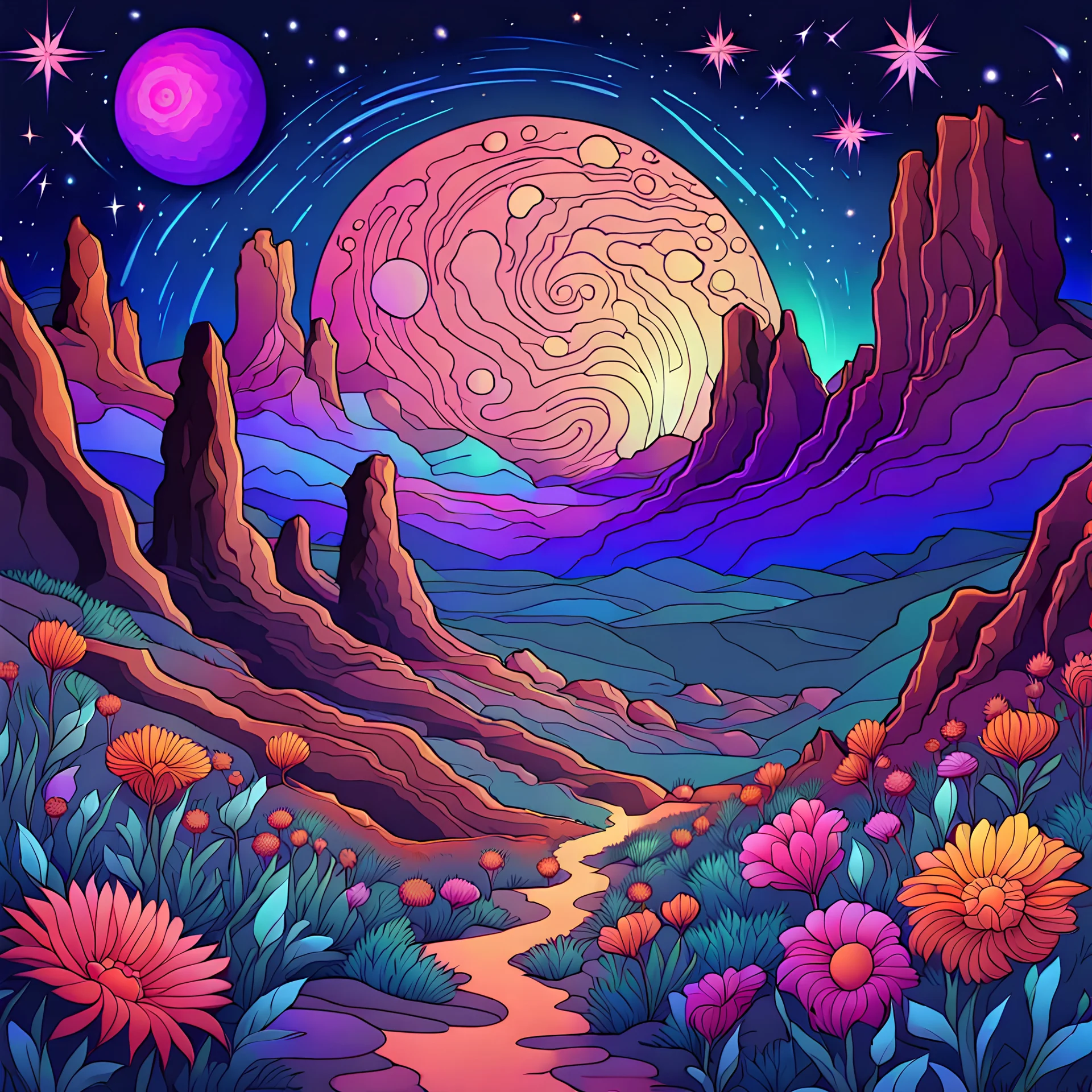 Colourful, scifi, night sky filled with galaxies and stars, rock formations, flowers, one-line drawing, sharp focus, 8k, deep 3d field, intricate, ornate