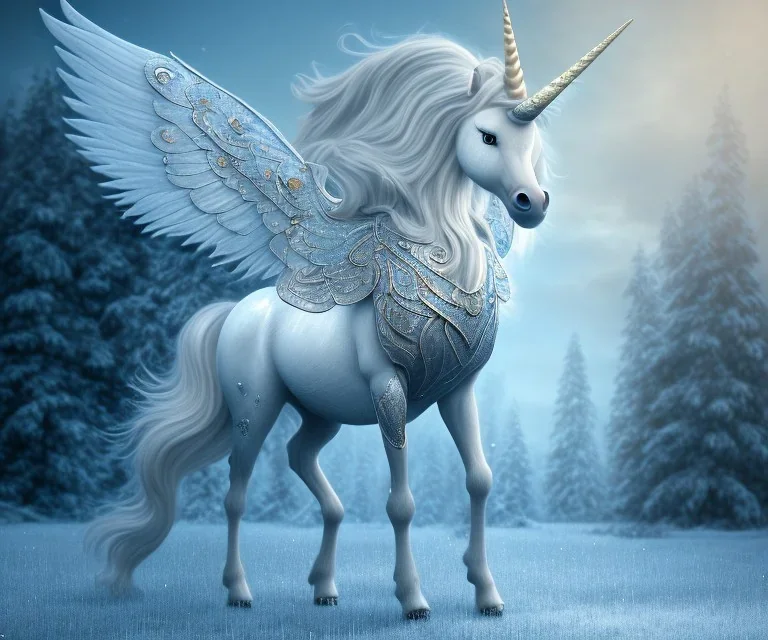 surreal illustration of a unicorn on frozen ground, realistic, surrealism, surreal unicorn with glowing wings, glowing soft and smooth wings, shadow, abstract surreal fantasy art, highly detailed, intricate patterns on wings, soft studio lighting, smooth dark blue background 64k