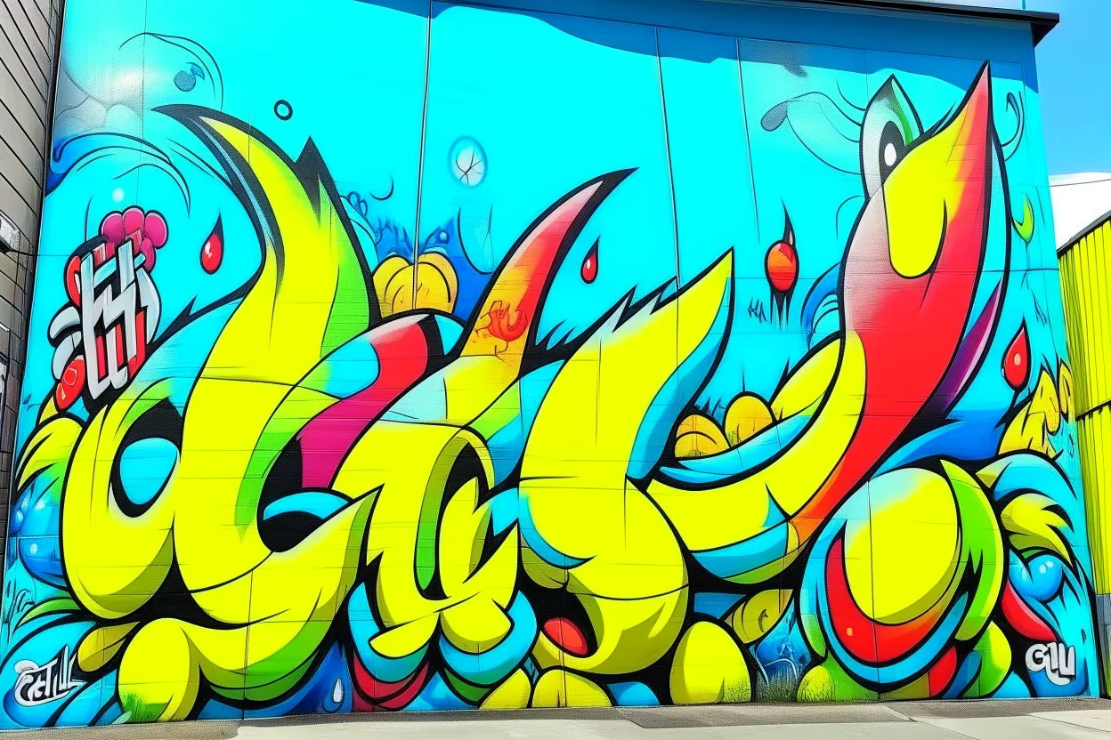 a graffiti mural wall with the word cell pokemon style