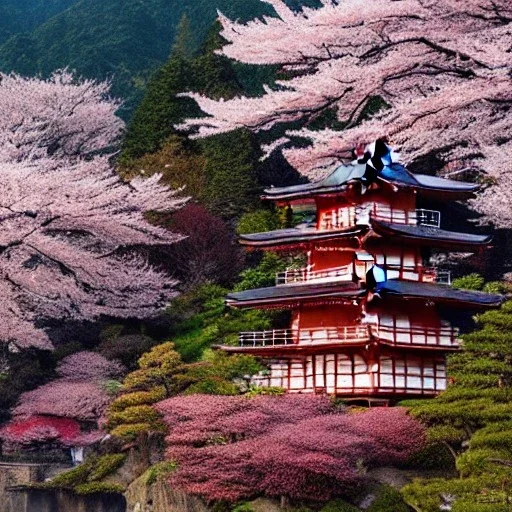 the most beautiful, stunning Japanese temple carved into a mountainside, morning mist, cherryblosssom trees, artwork, ornate, mystical, 8k, high-quality, ultrafine-detail, intricate, digital painting, brian froud, howard lyon, selina french, anna dittmann, annie stokes, Greg Rutowski