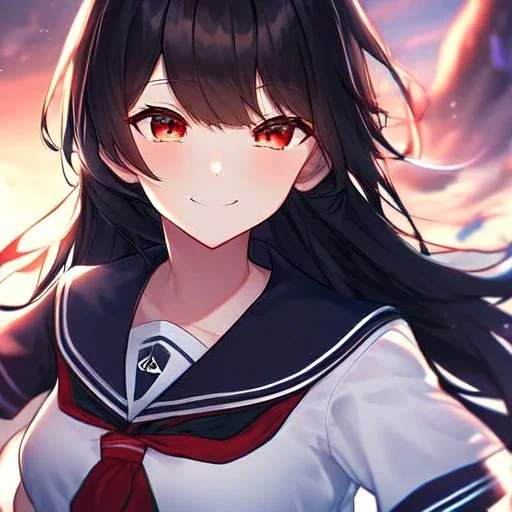 Clear focus, high resolution, black long fluffy hair, red eyes, wearing a sailor uniform, doing a evil smile