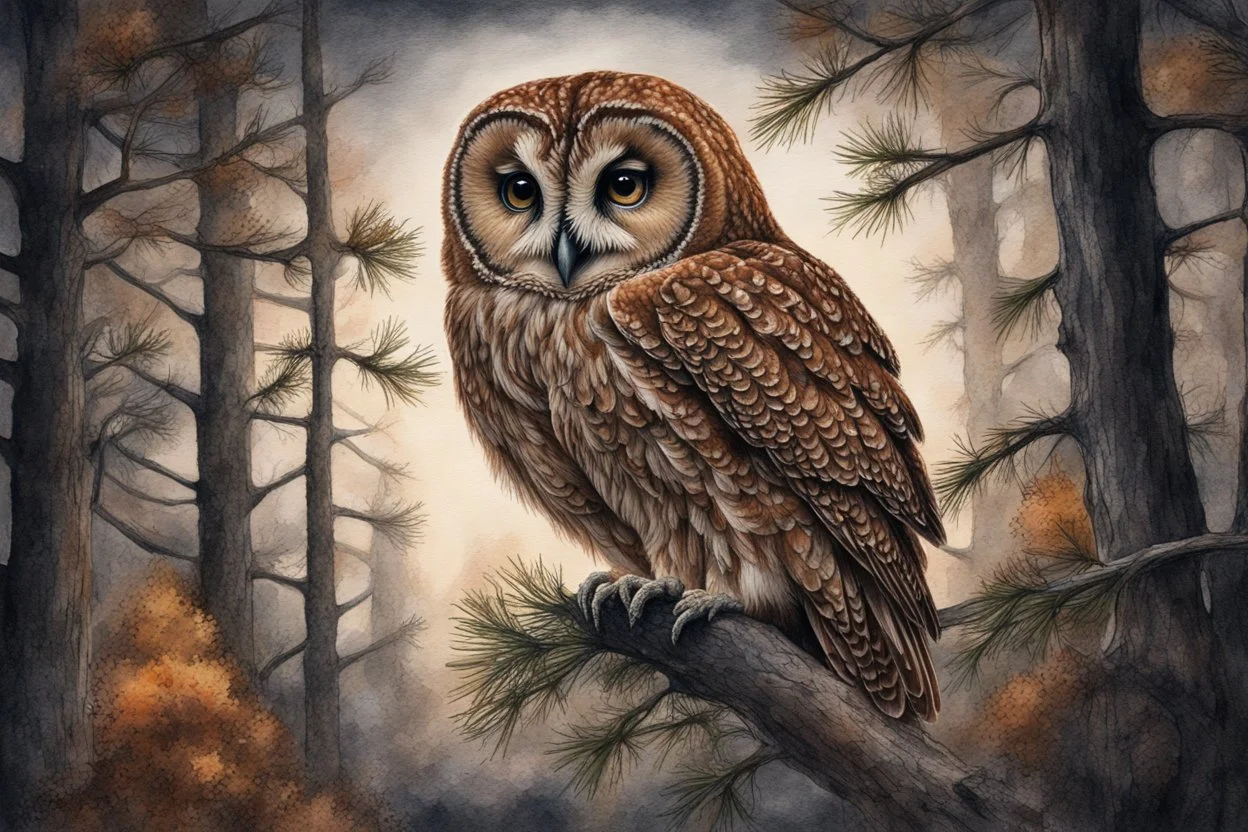 Brown Tawny Owl, pine tree, forest, autumn, dark night highly detailed intricate intricate details high definition crisp quality beautiful lighting pencil sketch watercolor dramatic lighting Deep shadows Warm colors warm light