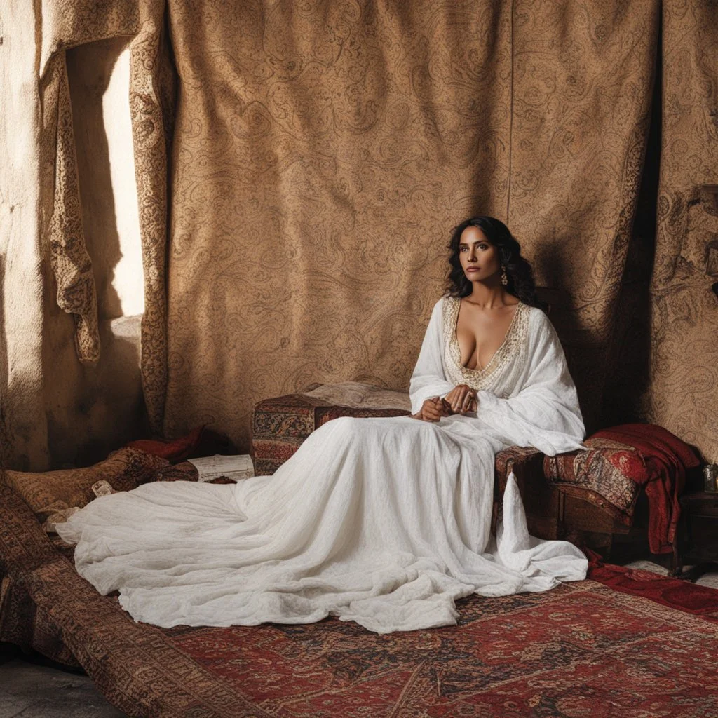 Maria Magdalena in agent provocateur sitting on the edge of her bed in Bethlehem during Jesus' era: tapestry and poetries