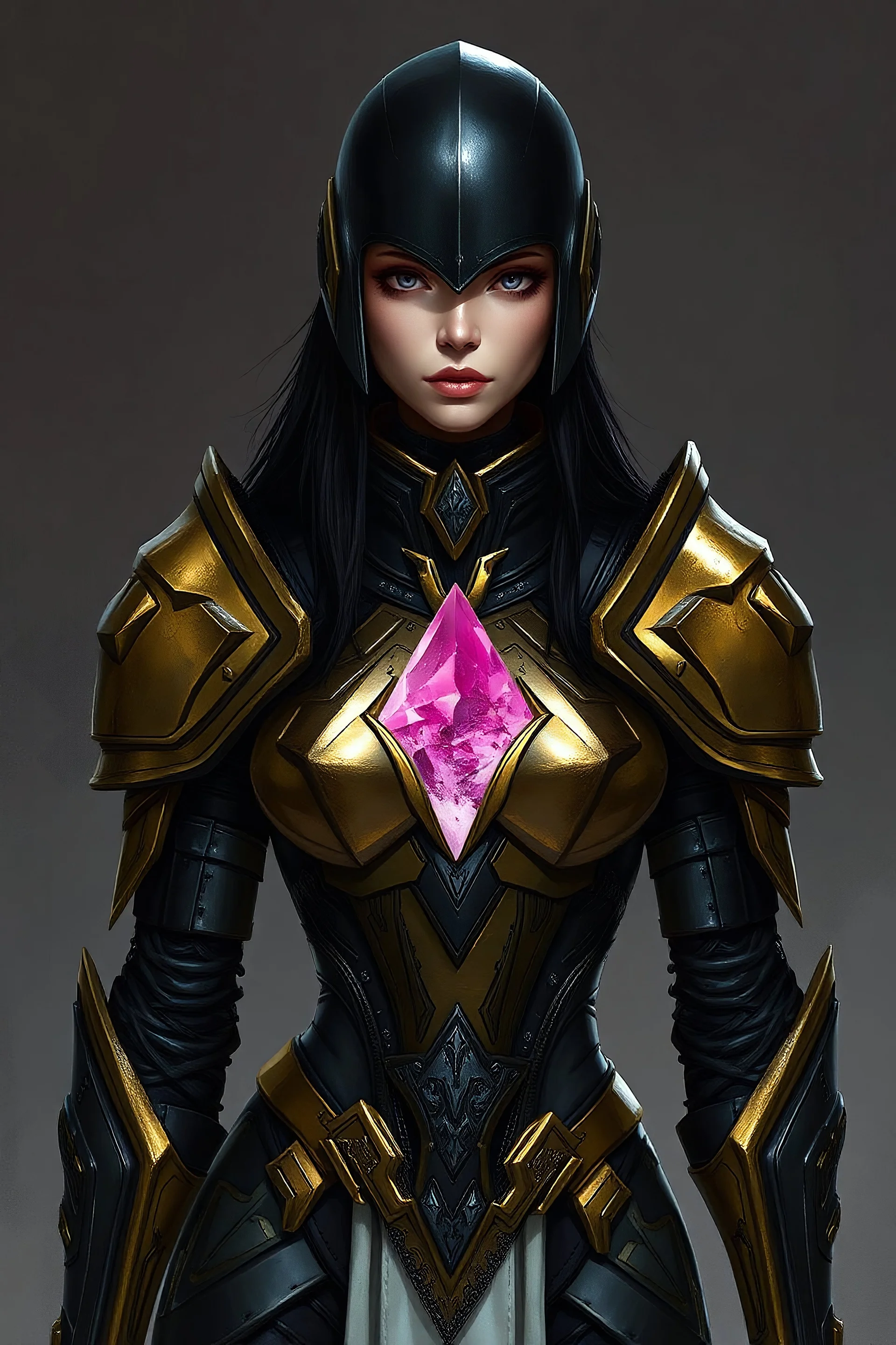 warforged, female, powered-armor, combat-armor, power-armor, pink crystal embedded in chest, slender-frame, lithe, beautiful, humanoid, gold-armor, black-armor, black-hair, DnD, Dungeons and Dragons, Faceless helmet, paladin, black armor, silver embroidery. NO SKIN