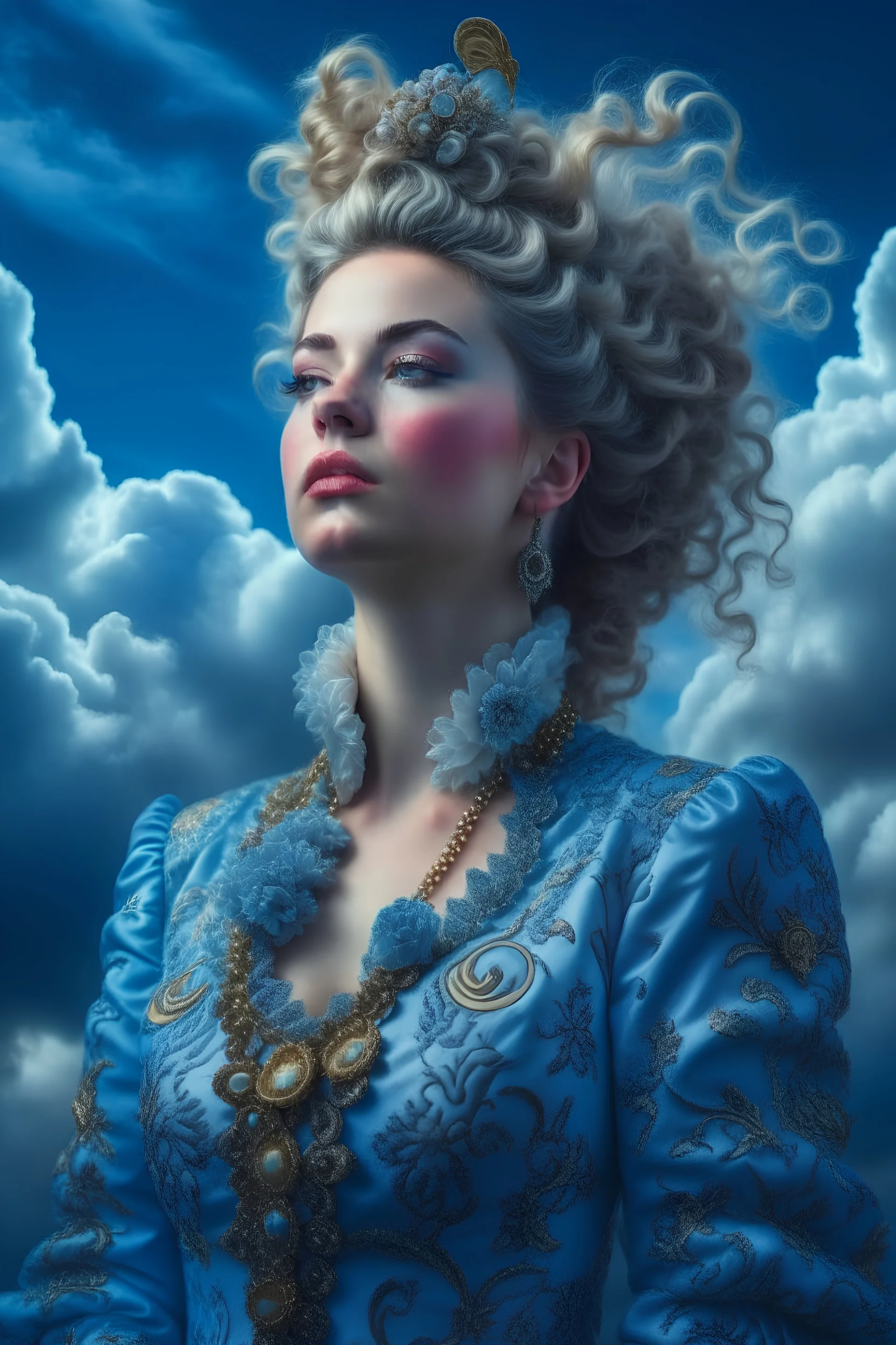 Fashion portrait made of clouds; blue sky, hyperdetailed; photograph taken on nikon D750, intricate, elegant, hyperrealistic; rococo, fantasy, centered by Anna Dittman Karol Bak Giovanni Battista, detailed matte painting, deep color, intricate detail, splash screen, complementary colors, fantasy concept art, 8k, Artstation Unreal Engine 5