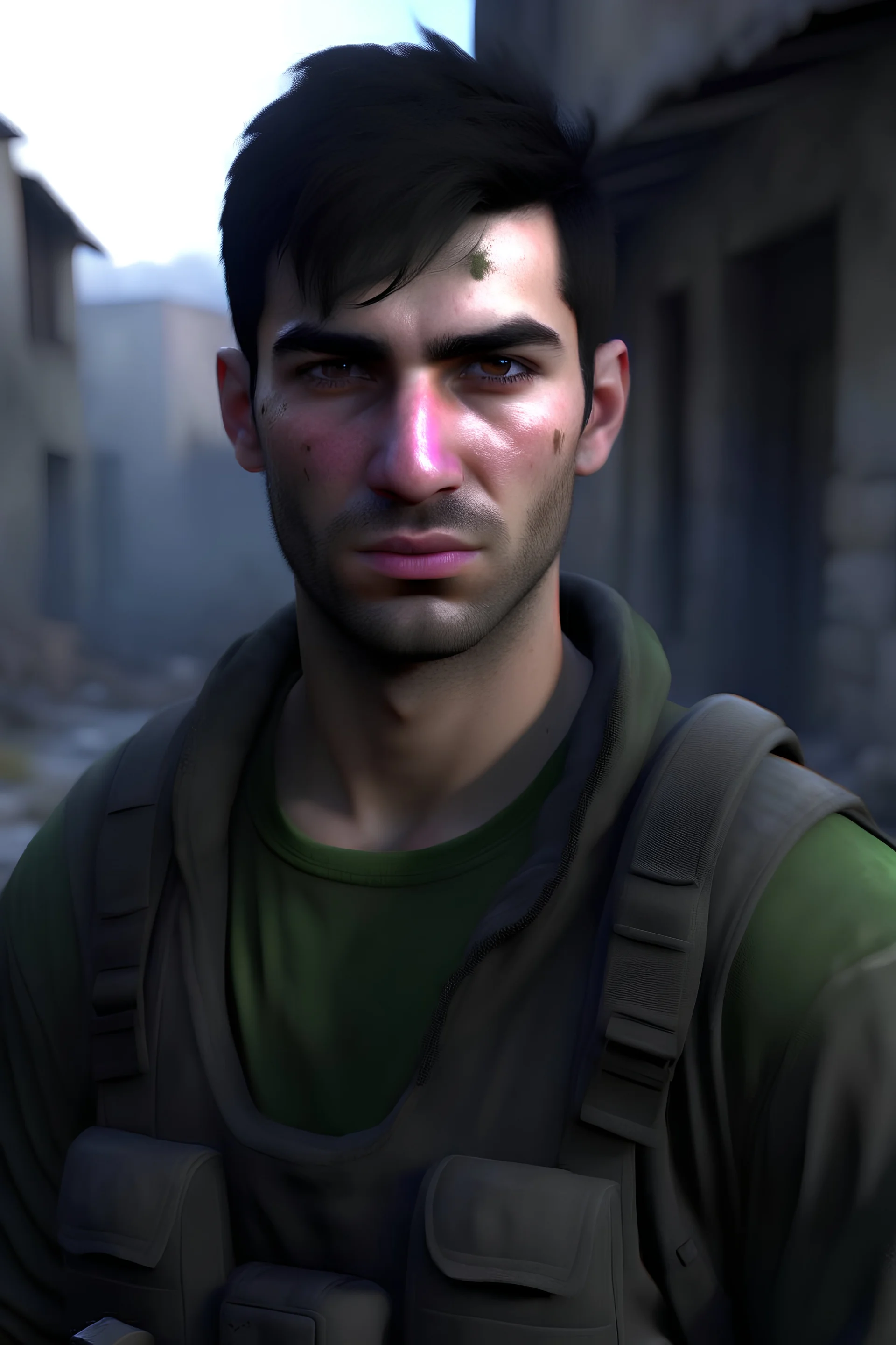 Ultra realistic, Full body ,An intimidating 25-year-old Bulgarian military man black hair and green eyes,and a face full of battle scars, storming a small village with his battalion., 64k, full size, ultra detailed, ultra accurate detailed,