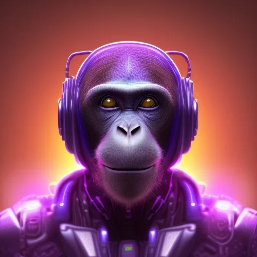 A beautiful portrait of a cyborg monkey purple neon color scheme, high key lighting, volumetric light high details psychedelic background