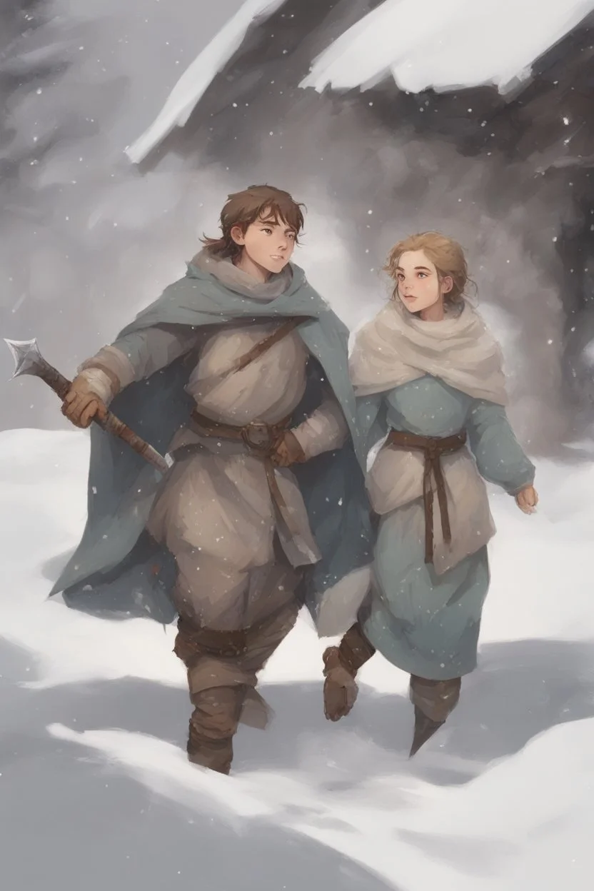 DnD style, two medieval peasant kids playing in the snow male and female, age 14 and 15, happy and playful, he has a short sword.