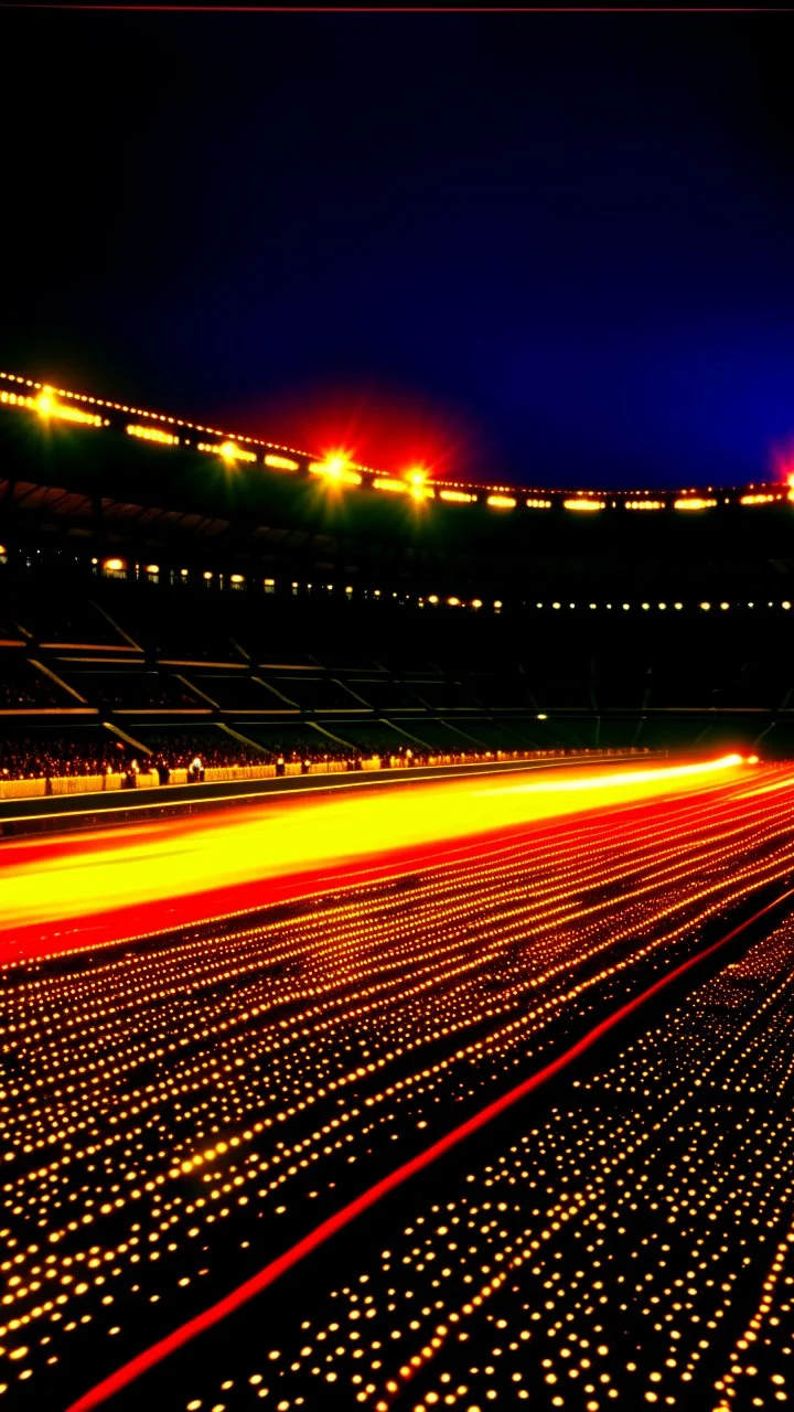 Track and field race at olympics, runners are made of lights, the track is made of dark fluids, in the background the crowd is burning, in the style of umberto boccioni