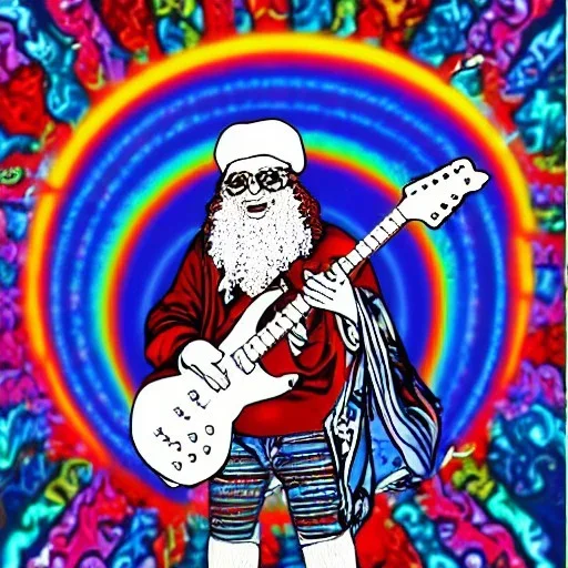 hippie Santa playing electric guitar psychedelic peace sign, MUSHROOMS