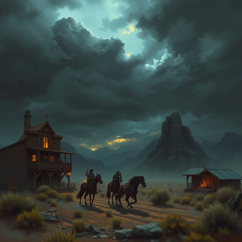 a wild west down with gloomy skies fantasy art