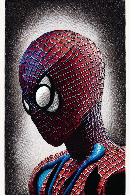 a vibrant ultraclear sideview waist up portrait of the spiderman robot by rene magritte and laurie greasley, etching by gustave dore, colorful flat surreal, ethereal, intricate, sharp focus, illustration, highly detailed, digital painting, concept art, masterpiece